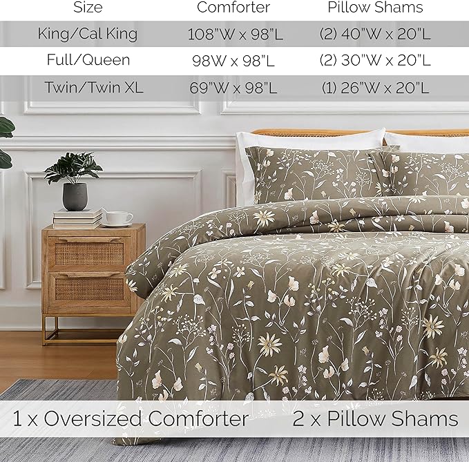 Southshore Fine Living, Inc. Twin Comforter Set, Down Alternative All-Season Floral Comforter with Matching Pillow Sham, Soft Microfiber Bedspread for Twin or Twin XL Bed, Secret Meadow Brown - LeafyLoom