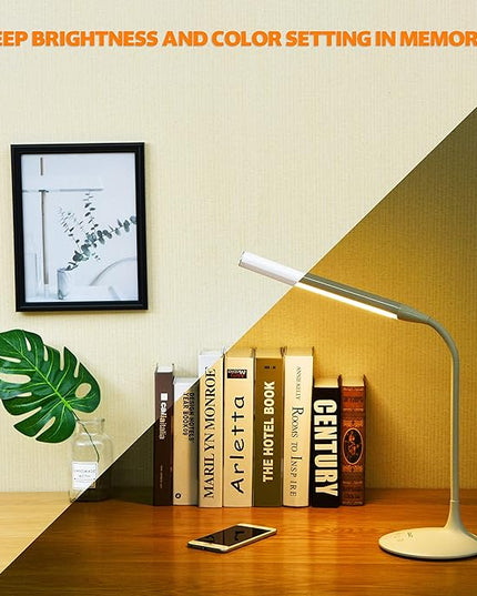 DAC LED Desk Lamp, Eye Care Table Lamp, 360 Degree Flexible Gooseneck, Continuously Dimmable, 3 Color Modes, Touch-Sensitive Control Panel, 40-Minute Auto Shut-Off Timer, White, 6W - LeafyLoom