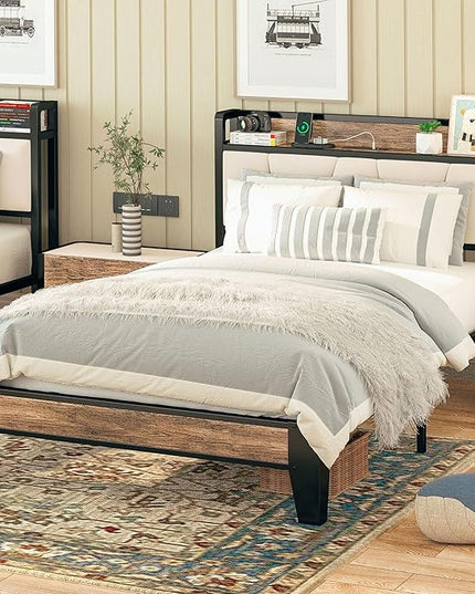 LIKIMIO Twin Bed Frames, Storage Headboard with Charging Station, Solid and Stable, Noise Free, No Box Spring Needed, Easy Assembly (Walnut and Beige) - LeafyLoom
