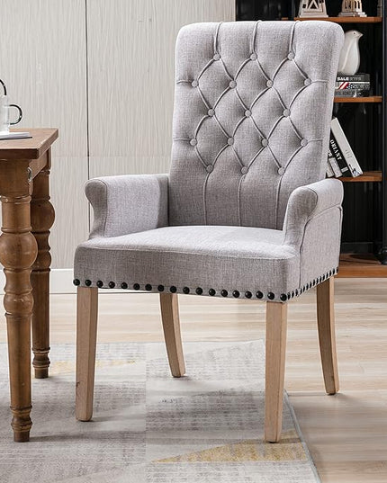 Dining Room Chairs with Arms,Tufted Upholstered High Back Nailed Trim with Untique Oak Wood Legs for Kitchen Restaurant Room Bedroom,Smoke Grey - LeafyLoom