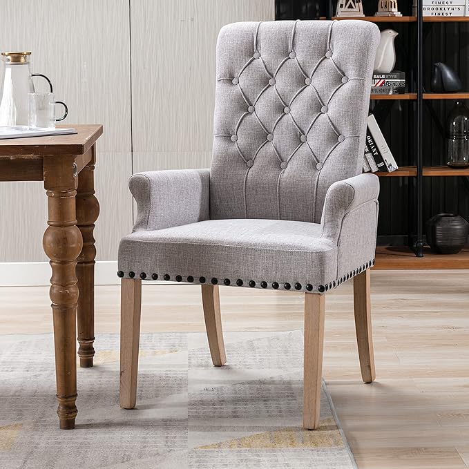 Dining Room Chairs with Arms,Tufted Upholstered High Back Nailed Trim with Untique Oak Wood Legs for Kitchen Restaurant Room Bedroom,Smoke Grey - LeafyLoom