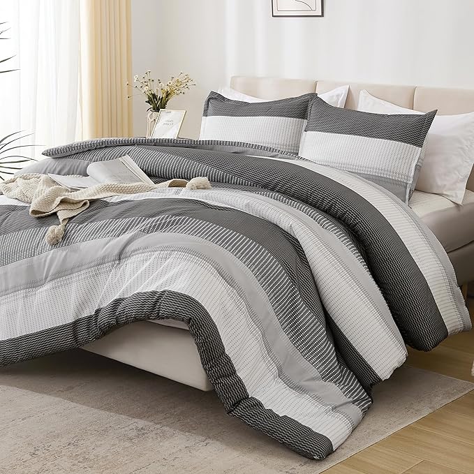 Litanika Dark Grey Bed Comforter Set Twin/Twin XL Size, 2 Pieces Lightweight Striped Bedding Comforter Set, Soft All Season Down Alternative Comforter (1 Comforter, 1 Pillowcase) - LeafyLoom