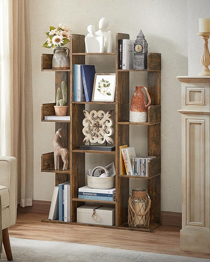 VASAGLE Bookshelf, Tree-Shaped Bookcase with 13 Storage Shelves, Rounded Corners, 9.8”D x 33.9”W x 55.1”H, Rustic Brown ULBC67BXV1 - LeafyLoom