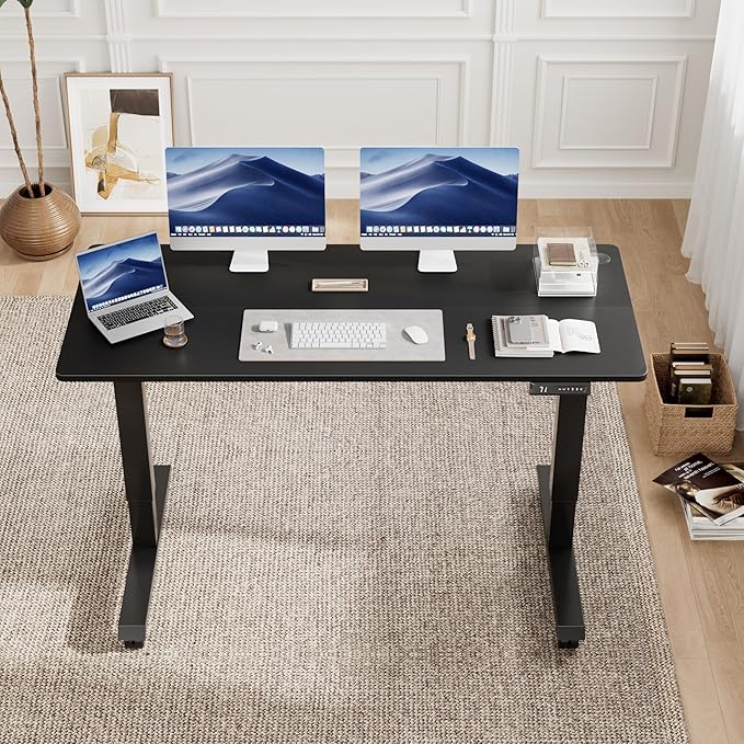 Electric Standing Desk 55 Inch, Ergonomic Height Adjustable Table with T-Shaped Metal Bracket Modern Computer Workstations for Home Office, Black, 55 x 24 Inch - LeafyLoom