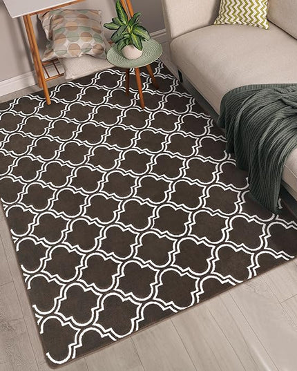 Chicrug Shag Geometric 5x7 Area Rug for Living Room, Large Modern Memory Foam Indoor Carpet, Fluffy Rug for Bedroom Bedside Room Decor for Family Girls Kids Nursery, Brown/White - LeafyLoom