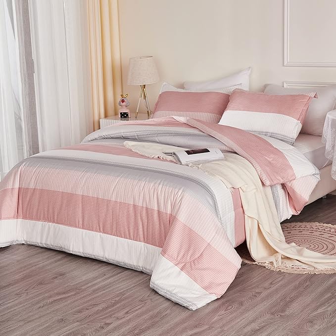 Litanika Pink Full Size Comforter Sets for Girls, 3 Pieces Blush White Colorblock Women Lightweight Bedding Comforter Set - LeafyLoom