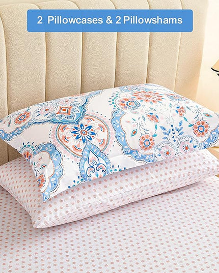 Printed Queen Bedding Sets with Comforter and Sheets, Lightweight Boho Floral 7 Piece Bed in A Bag Comforter Set for Women, Pink and Blue Mandala Flower Pattern - LeafyLoom