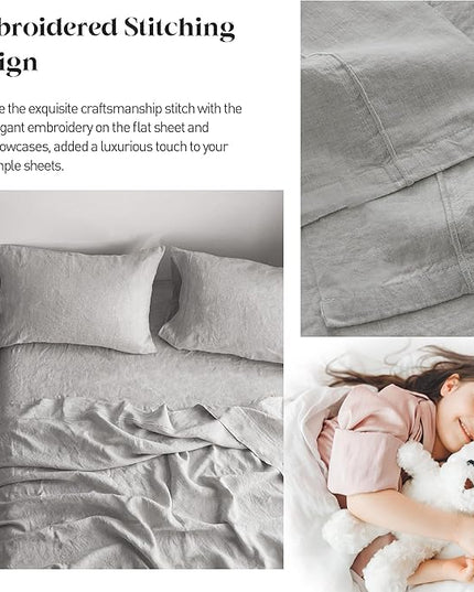 Simple&Opulence 100% Washed Linen Sheet Set-King Size-Natural France Flax Bed Sheet-4 Pcs Breathable,Ultra Soft,Farmhouse Bedding (1 Flat Sheet,1 Fitted Sheet,2 Pillowcases)-Embroidery Grey - LeafyLoom