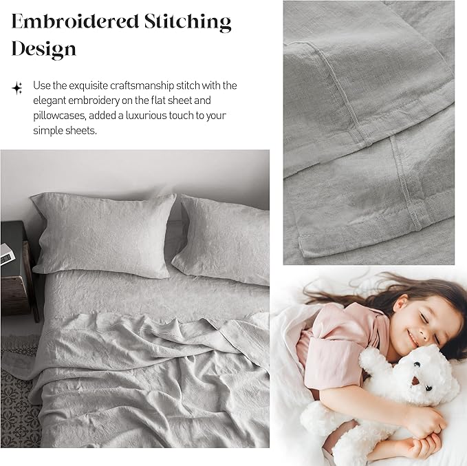 Simple&Opulence 100% Washed Linen Sheet Set-King Size-Natural France Flax Bed Sheet-4 Pcs Breathable,Ultra Soft,Farmhouse Bedding (1 Flat Sheet,1 Fitted Sheet,2 Pillowcases)-Embroidery Grey - LeafyLoom