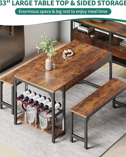 YITAHOME 63" 3 Piece Kitchen Dining Table Set for 4 with Bench & Storage, Farmhouse Rectangle Dining Room Dinner Table with Wine & Glass Holder for Space Saving, Rustic Brown - LeafyLoom