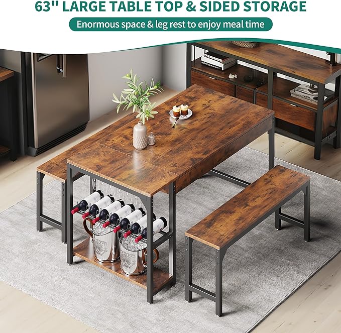 YITAHOME 63" 3 Piece Kitchen Dining Table Set for 4 with Bench & Storage, Farmhouse Rectangle Dining Room Dinner Table with Wine & Glass Holder for Space Saving, Rustic Brown - LeafyLoom