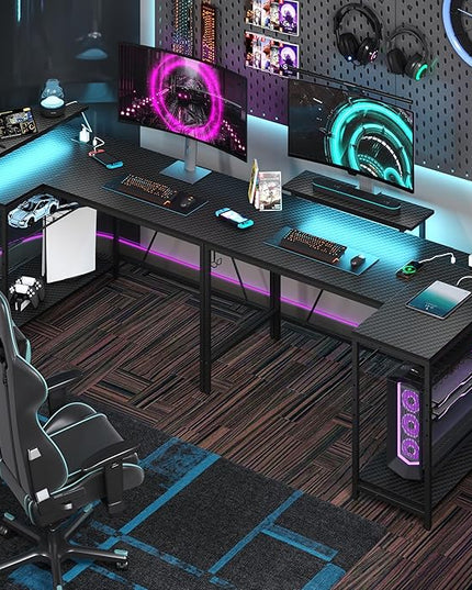 Bestier 52 Led Gaming Desk with Power Outlet & USB Ports,Small L Shaped Computer Desk with Headset Hooks,Corner Desk for Home Office Carbon Fiber Black - LeafyLoom
