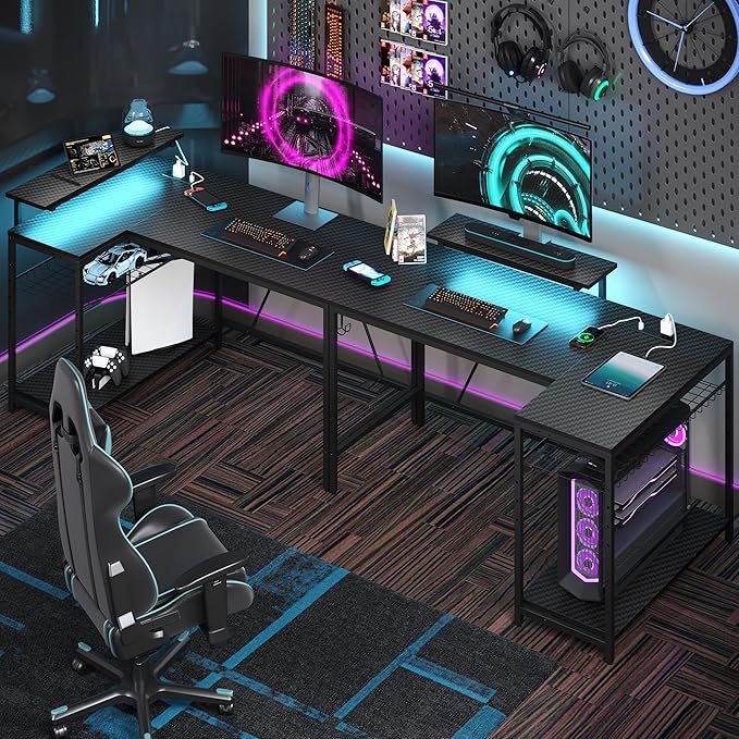 Bestier 52 Led Gaming Desk with Power Outlet & USB Ports,Small L Shaped Computer Desk with Headset Hooks,Corner Desk for Home Office Carbon Fiber Black - LeafyLoom
