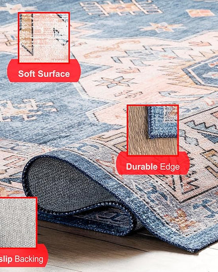 nuLOOM Norma Machine Washable Traditional Medallion Ultra Thin Area Rug, 6' x 9', Blue - LeafyLoom