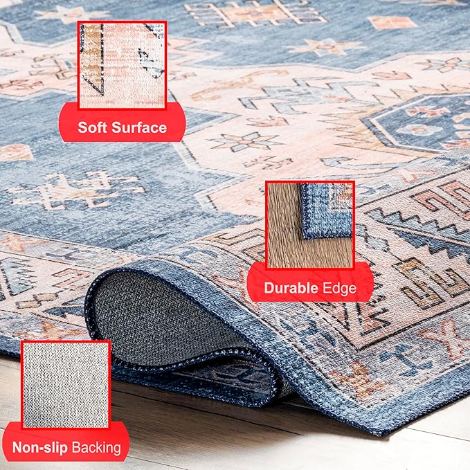 nuLOOM Norma Machine Washable Traditional Medallion Ultra Thin Area Rug, 6' x 9', Blue - LeafyLoom