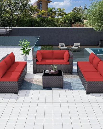 Patio Furniture Set 9-Pieces Outdoor Furniture for Backyard Wicker Sectional Sofa Set, Rattan Patio Conversation Set with Thickened Cushions and Glass Coffee Table, Red - LeafyLoom