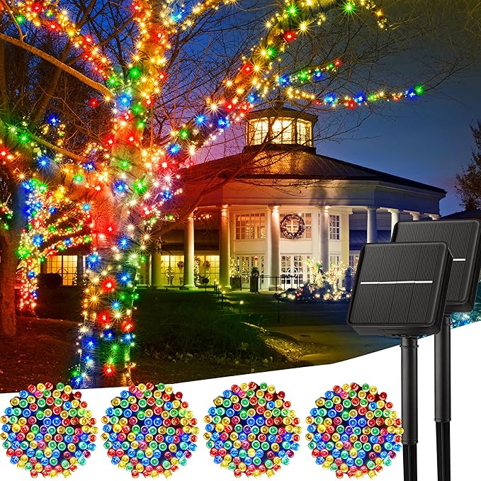 Minetom Christmas Lights Outdoor Solar Powered - 4 Pack Total 160FT 400 LED Christmas String Lights with 8 Lighting Modes, IP65 Waterproof Solar String Lights for Outside Tree Xmas Party, Multicolor Minetom