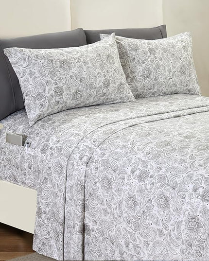 Elegant Comfort Softest and Coziest 6-Piece Sheet Set - 1500 Premium Hotel Quality Microfiber - Deep Pocket, Wrinkle Resistant 6-Piece Paisley Pattern Bed Sheet Set, King, Paisley Gray - LeafyLoom