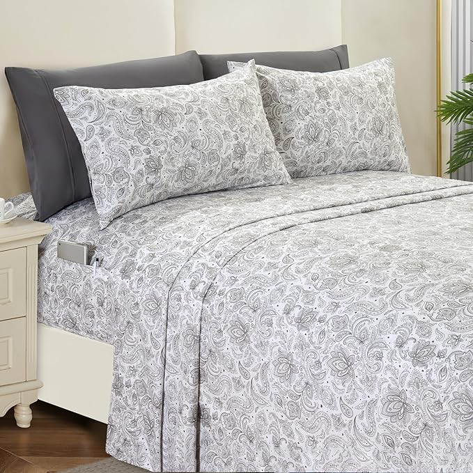 Elegant Comfort Softest and Coziest 6-Piece Sheet Set - 1500 Premium Hotel Quality Microfiber - Deep Pocket, Wrinkle Resistant 6-Piece Paisley Pattern Bed Sheet Set, Full, Paisley Gray - LeafyLoom