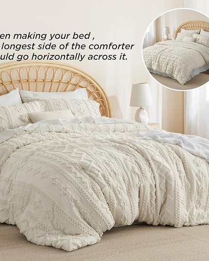 Bedsure Tufted Boho Comforter Set King - Beige Boho Bedding Comforter Set, 3 Pieces Farmhouse Shabby Chic Embroidery Bed Set, Soft Jacquard Comforter for All Seasons - LeafyLoom