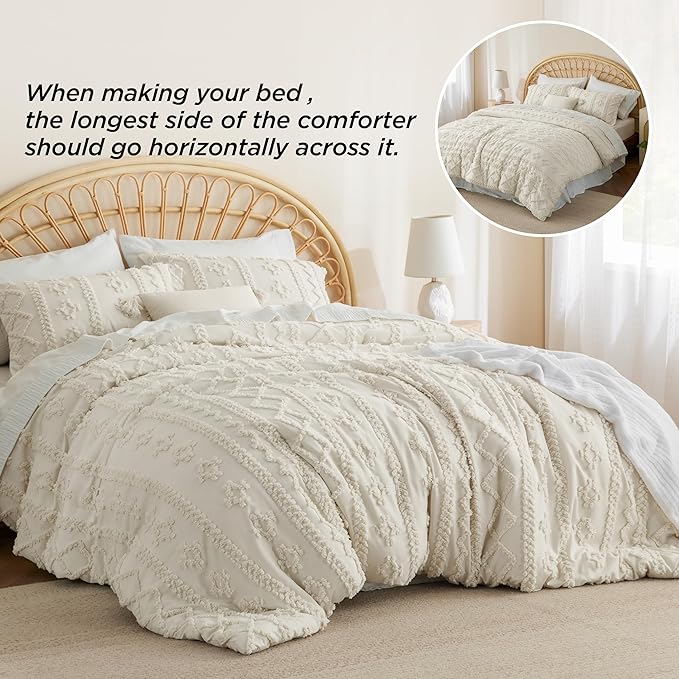 Bedsure Tufted Boho Comforter Set King - Beige Boho Bedding Comforter Set, 3 Pieces Farmhouse Shabby Chic Embroidery Bed Set, Soft Jacquard Comforter for All Seasons - LeafyLoom