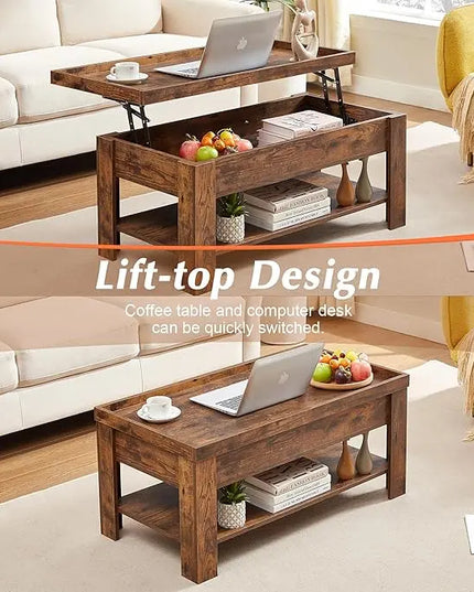 VECELO Lift Top Coffee Table with Storage Shelf and Hidden Compartment for Living Room/Office Reception, Black, Rustic Brown - LeafyLoom
