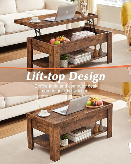 VECELO Lift Top Coffee Table with Storage Shelf and Hidden Compartment for Living Room/Office Reception, Black, Brown - LeafyLoom