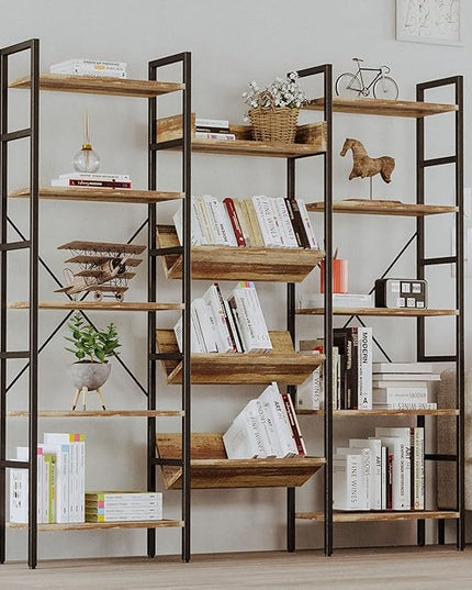 IRONCK Bookcases and Bookshelves Triple Wide 5 Tiers Industrial Bookshelf, Large Etagere Bookshelf Open Record Player Shelves with Metal Frame for Living Room Home Office - LeafyLoom