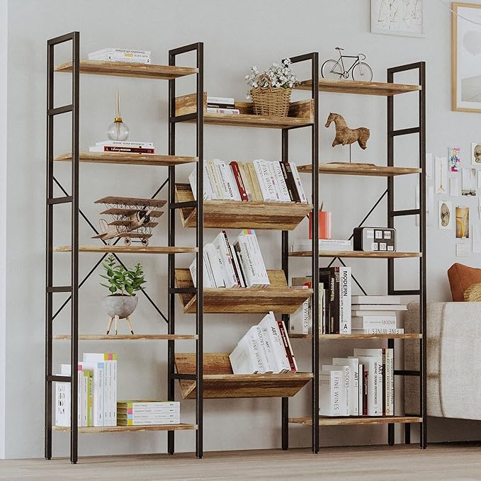 IRONCK Bookcases and Bookshelves Triple Wide 5 Tiers Industrial Bookshelf, Large Etagere Bookshelf Open Record Player Shelves with Metal Frame for Living Room Home Office - LeafyLoom