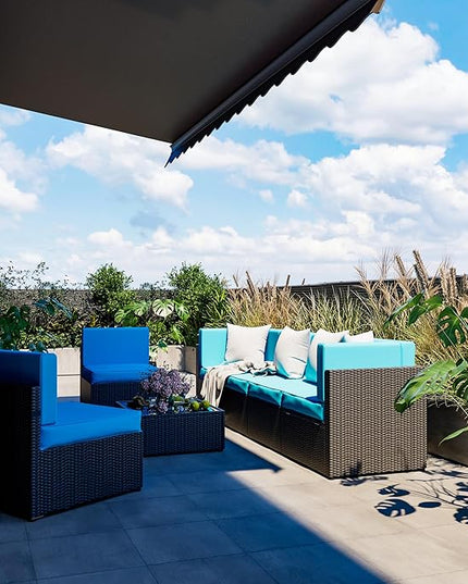 Pamapic Patio Furniture Set, 7 Pieces Modular Outdoor Sectional, Patio Sectional Sofa Conversation Set, Rattan Sofa with Coffee Table and Washable Cushions Covers, Black Rattan and Blue Cushions - LeafyLoom