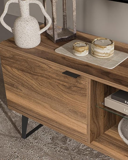 Atelier Mobili Mid Century Modern TV Stand Farmhouse TV Stand Entertainment Center for Living Room | Walnut TV Stand with Glass Shelf | Fits 80 Inch TV | Soft Closing Hinges | Storage for Bedroom - LeafyLoom