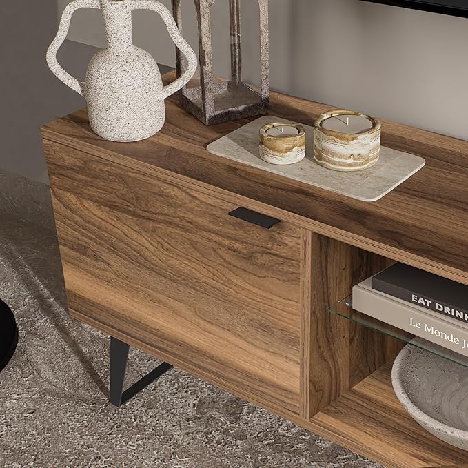 Atelier Mobili Mid Century Modern TV Stand Farmhouse TV Stand Entertainment Center for Living Room | Walnut TV Stand with Glass Shelf | Fits 80 Inch TV | Soft Closing Hinges | Storage for Bedroom - LeafyLoom