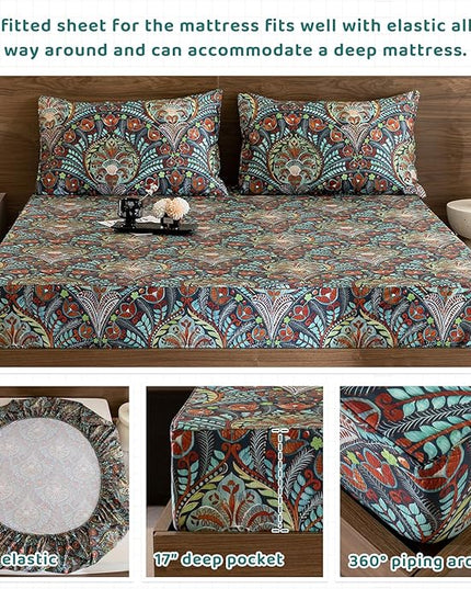 QSH Boho Sheets King Size - 100% Egyptian Cotton Bohemian Patterned Sheets Printed Bedding King Size Bed Sheets 17.5" Extra Deep Pocket 4pcs - LeafyLoom