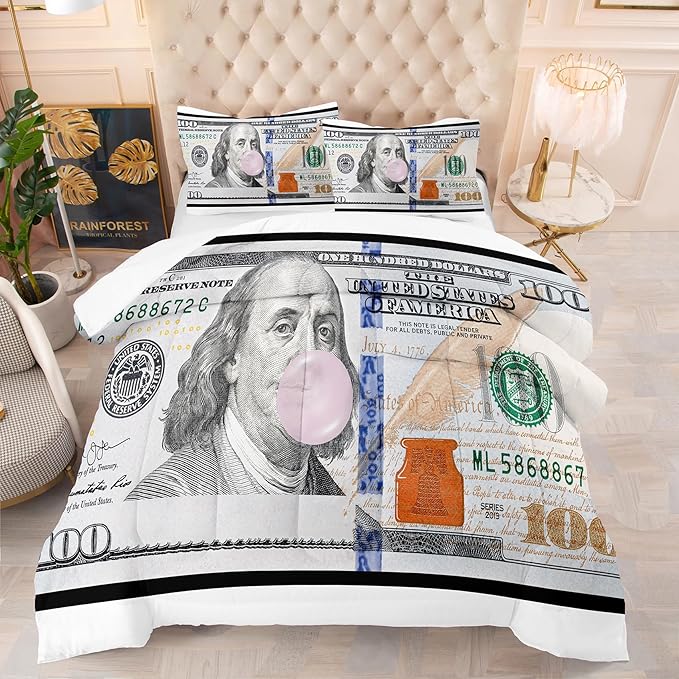 Tailor Shop Money Comforter Sets Queen Size Money Bedding Sets for Boys Kids Teens Money 100 Dollar Bill Comforter Sets Quilt Set All Season with 1 Comforter 2 Pillowcases…… - LeafyLoom