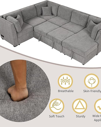 U Shaped Reversible Pull Out Sleeper Sectional Sofa Convertible Corner Couch Bed with Storage Chaise Lounge , 6 Seater Chenille Upholstered Sofa&Couch wth USB Ports, 2 Power Sockets for Living Room - LeafyLoom