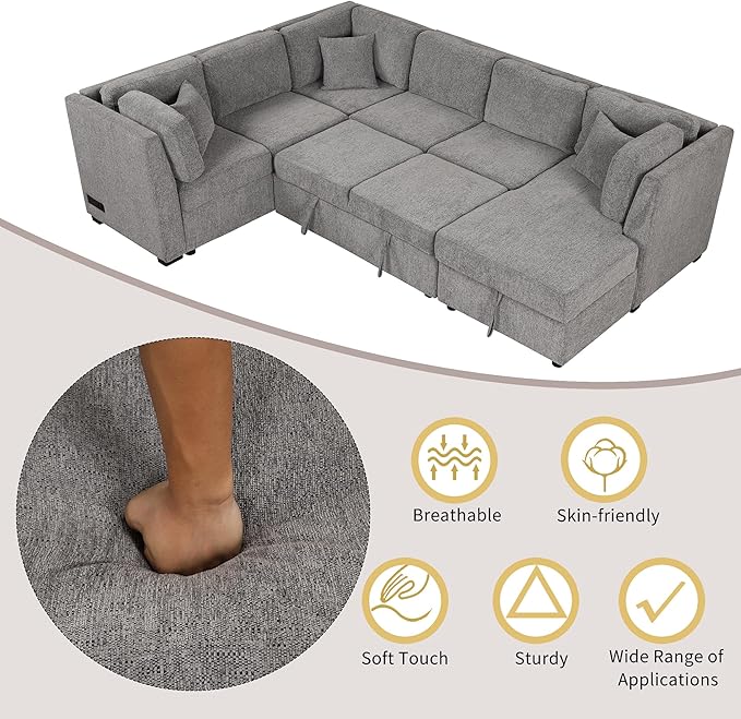 U Shaped Reversible Pull Out Sleeper Sectional Sofa Convertible Corner Couch Bed with Storage Chaise Lounge , 6 Seater Chenille Upholstered Sofa&Couch wth USB Ports, 2 Power Sockets for Living Room - LeafyLoom