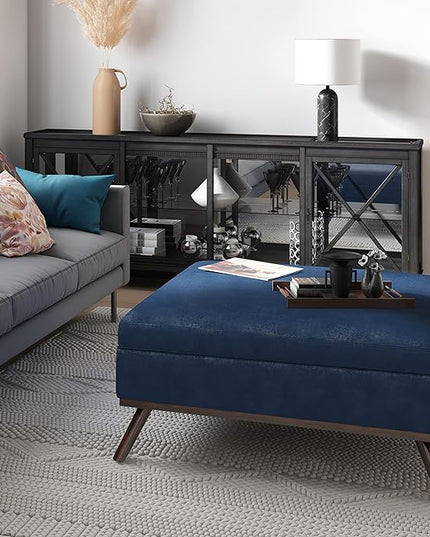 SIMPLIHOME Owen 36 Inch Wide Mid Century Modern Square Coffee Table Lift Top Storage Ottoman in Upholstered Distressed Dark Blue Faux Leather, For the Living Room - LeafyLoom
