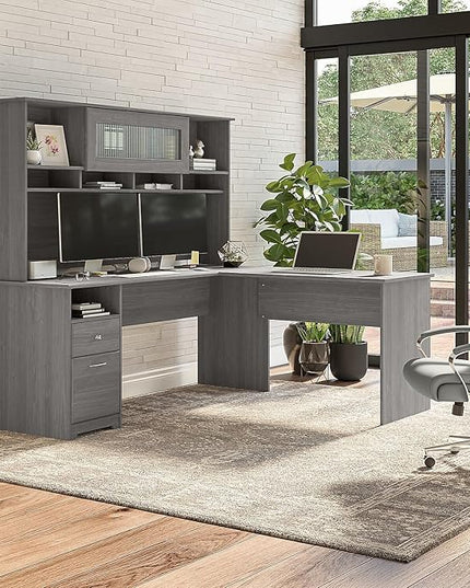 Bush Furniture Cabot Desks for Home Office with Storage and Chrome Hardware | Elegant Computer Table with Drawers, 72W, Modern Gray - LeafyLoom