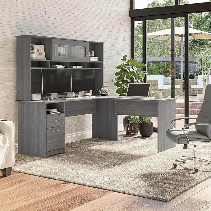 Bush Furniture Cabot Desks for Home Office with Storage and Chrome Hardware | Elegant Computer Table with Drawers, 72W, Modern Gray - LeafyLoom