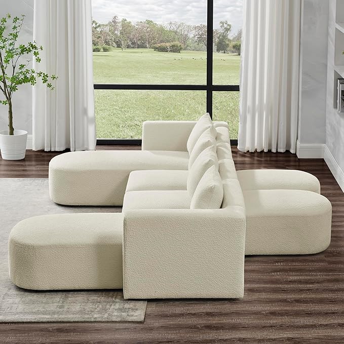 U Shape Sectional Sofa Chaises and Two Removable Ottoman, Upholstered Modular Couch w/Pillows for for Living Room, Office, DIY Combination, Beige, 117" - LeafyLoom