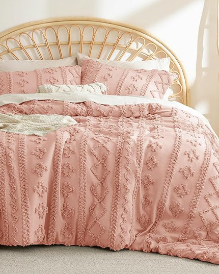 Bedsure Tufted Boho Comforter Set Queen - Pink Boho Bedding Comforter Set, 3 Pieces Farmhouse Shabby Chic Embroidery Bed Set, Soft Jacquard Comforter for All Seasons - LeafyLoom