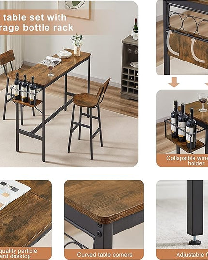 NicBex Dining Table Kitchen Table and Chairs 2 Person Dining Table Set Bar Table Set with Metal Frame and Wine Bottle Storage Rack for Dining Room and Restaurant, Rustic Brown - LeafyLoom