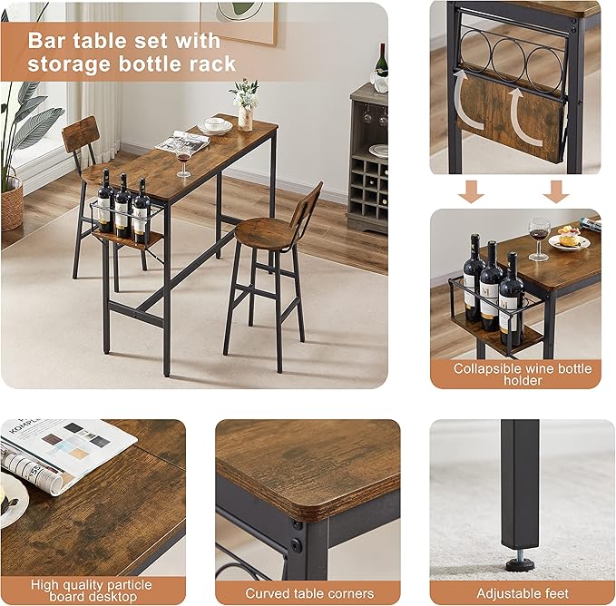 NicBex Dining Table Kitchen Table and Chairs 2 Person Dining Table Set Bar Table Set with Metal Frame and Wine Bottle Storage Rack for Dining Room and Restaurant, Rustic Brown - LeafyLoom