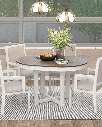 RITSU Farmhouse 5 Piece Dining Set, Included Round Extendable Wooden Table and 4 Upholstered Chairs, Retro Adjustable Dinette Furniture for Kitchen Living Room, Brown+White - LeafyLoom