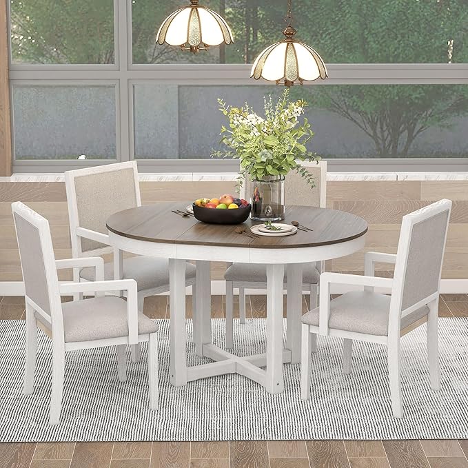 RITSU Farmhouse 5 Piece Dining Set, Included Round Extendable Wooden Table and 4 Upholstered Chairs, Retro Adjustable Dinette Furniture for Kitchen Living Room, Brown+White - LeafyLoom