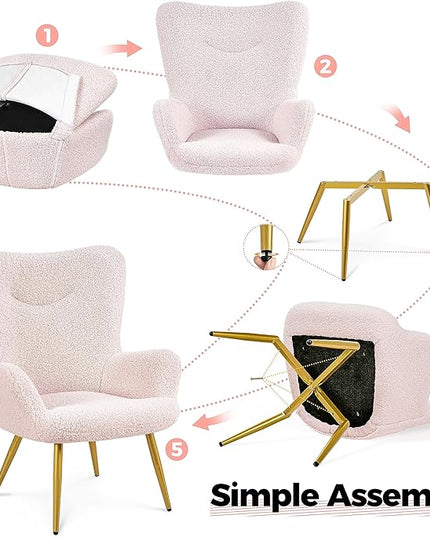 Yaheetech Accent Chair with Ottoman, Boucle Fabric Armchair Footstool, Modern and Cozy Vanity Chair with Golden Legs for Living Room, Lounge, Makeup Room, Bedroom, Pink - LeafyLoom