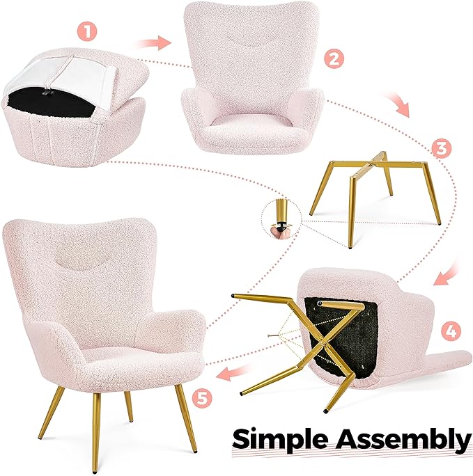 Yaheetech Accent Chair with Ottoman, Boucle Fabric Armchair Footstool, Modern and Cozy Vanity Chair with Golden Legs for Living Room, Lounge, Makeup Room, Bedroom, Pink - LeafyLoom