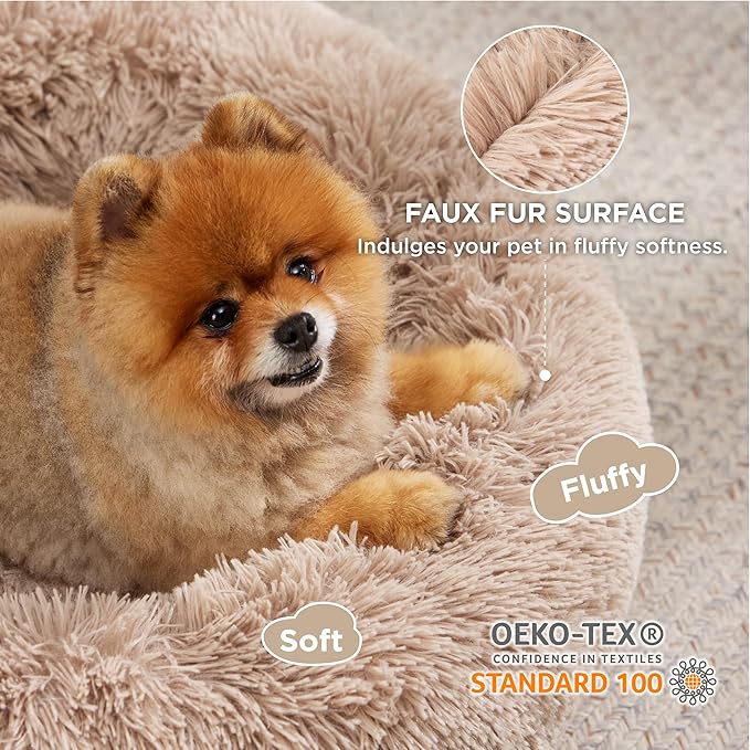 Bedsure Calming Dog Bed for Small Medium Dogs - Donut Washable Medium Pet Bed, 27 inches Anti-Slip Round Fluffy Plush Faux Fur Cat Bed, Camel BEDSURE