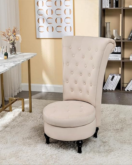 Royal High-Back Velvet Accent Chair for Vanity with Storage and Luxurious Upholstery, Retro Design and Versatile Usage for Living Room, Bedroom, Lounge and Office, Ivory - LeafyLoom