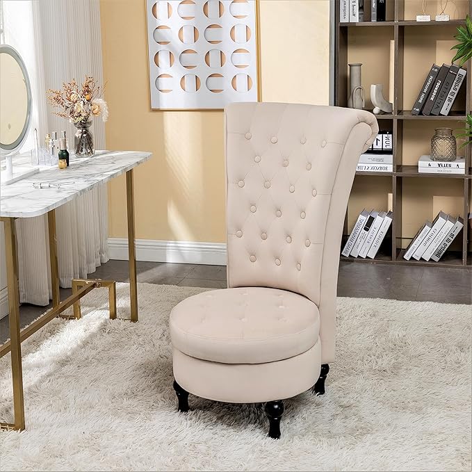 Royal High-Back Velvet Accent Chair for Vanity with Storage and Luxurious Upholstery, Retro Design and Versatile Usage for Living Room, Bedroom, Lounge and Office, Ivory - LeafyLoom